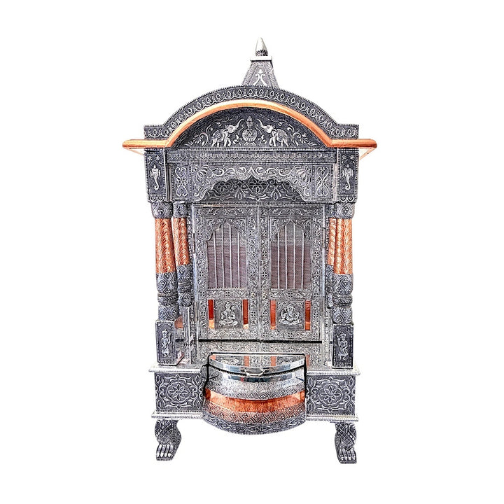 Quality Indian Goods 18-inch oxidized mandir with intricate carvings, copper accents, and double doors.