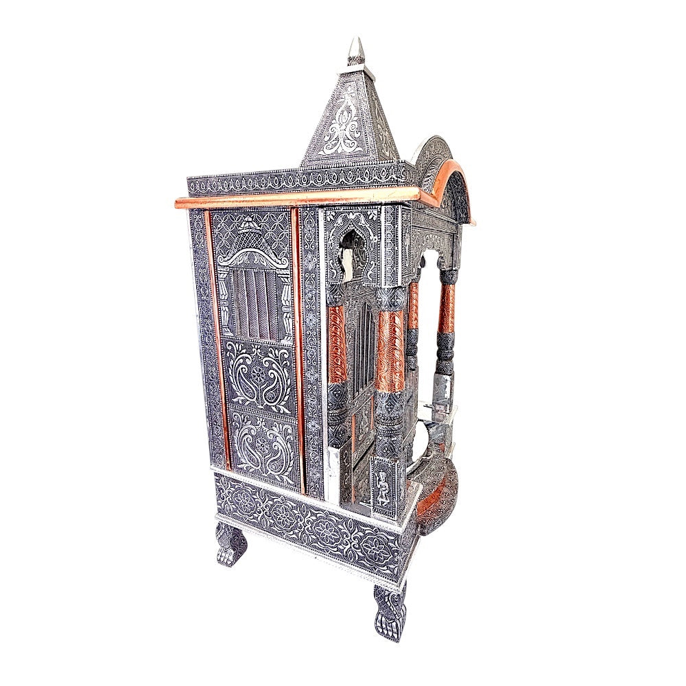 Quality Indian Goods 18-inch wide oxidized mandir with intricate silver detailing and copper accents. Ideal for puja rooms.