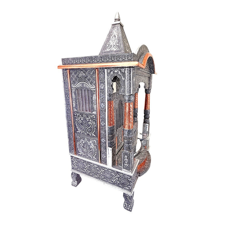 Quality Indian Goods 18-inch wide oxidized mandir with intricate silver detailing and copper accents. Ideal for puja rooms.