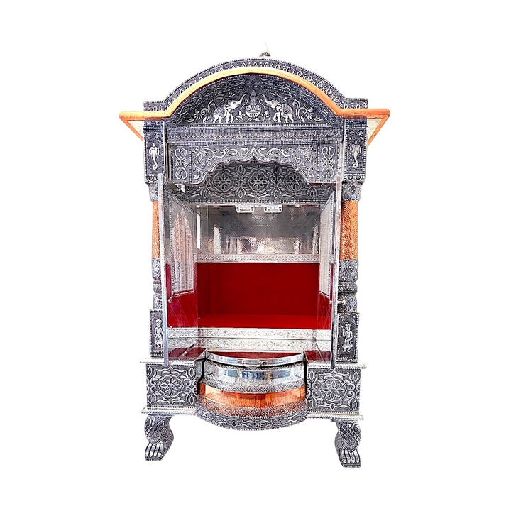 Quality Indian Goods 18 inch wide oxidized mandir with red velvet interior and intricate silver detailing.