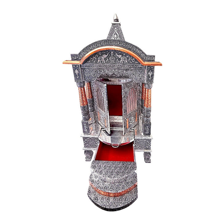 Quality Indian Goods 18-inch oxidized silver mandir with intricate carvings, red velvet interior, and pull-out drawer.