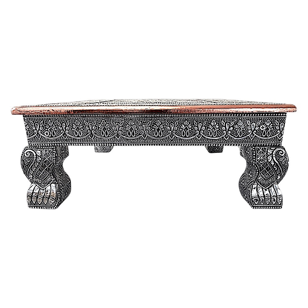 Quality Indian Goods 15in oxidized square puja table with ornate silver-tone metalwork and short, decorative legs.