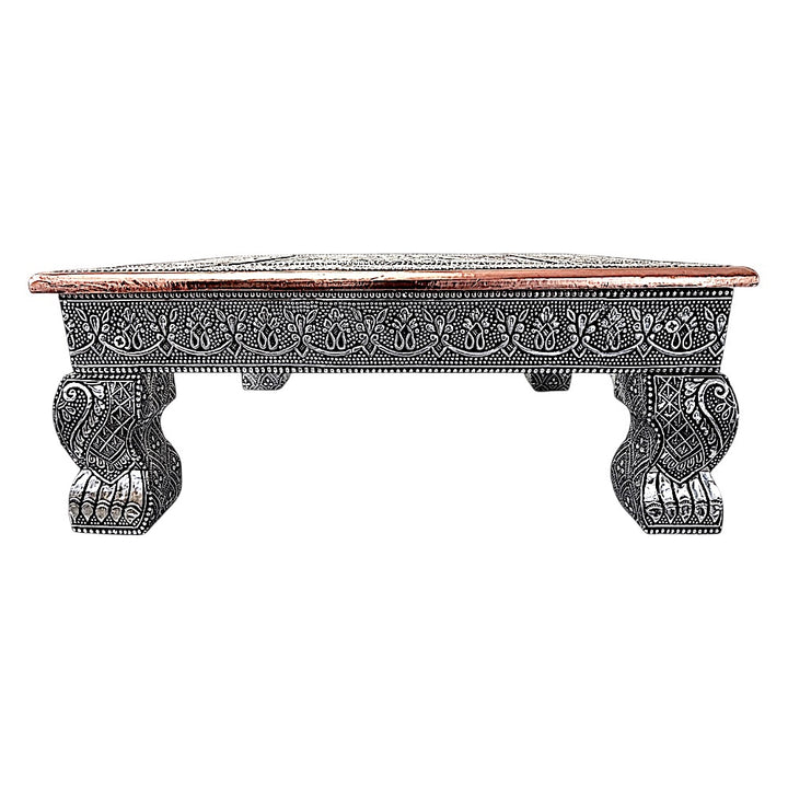 Quality Indian Goods 15in oxidized square puja table with ornate silver-tone metalwork and short, decorative legs.