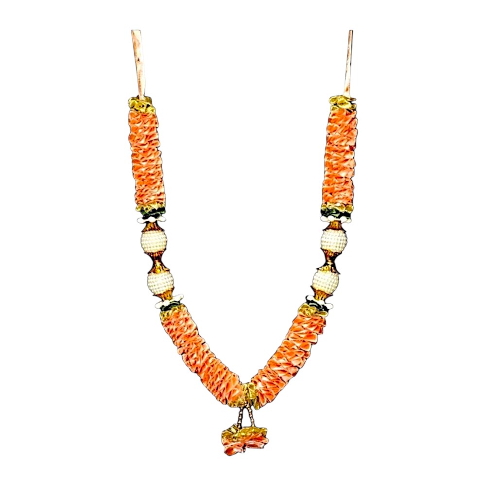 Quality Indian Goods 12-inch peach ruffle garland with pearl-style stops and gold accents, ideal for festive decor.
