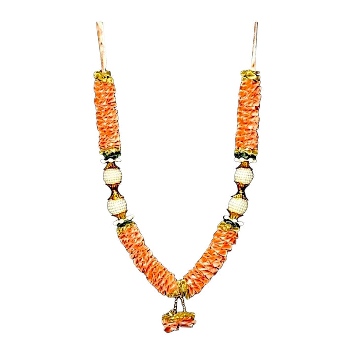 Quality Indian Goods 12-inch peach ruffle garland with pearl-style stops and gold accents, ideal for festive decor.