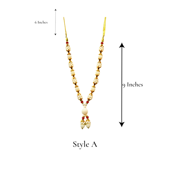 Quality Indian Goods 9-inch deity garland featuring white pearl beads and ruby-look accents for temple idol adornment.
