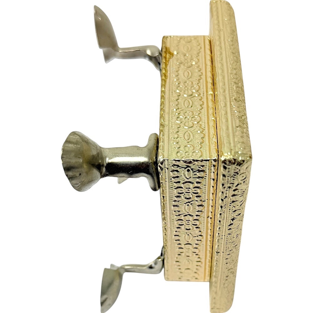 Quality Indian Goods 6 inch gold-tone pedestal bajat with ornate detailing and silver accents, ideal for puja.