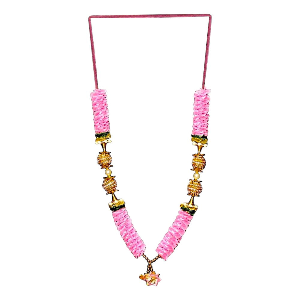 Quality Indian Goods pink ruffled garland with gold bead and pearl stops, 12 inches long, for festive decor.