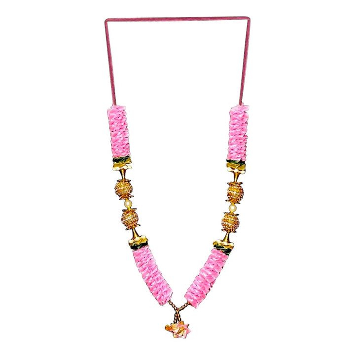 Quality Indian Goods pink ruffled garland with gold bead and pearl stops, 12 inches long, for festive decor.