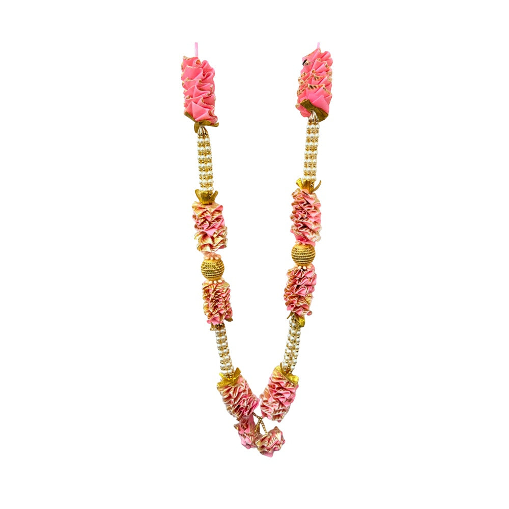 Quality Indian Goods 30 inch pink satin ruffle garland with pearl beads and gold stops, ideal for decor.