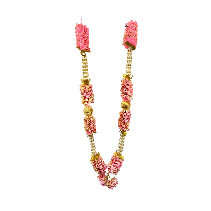 Quality Indian Goods 30 inch pink satin ruffle garland with pearl beads and gold stops, ideal for decor.