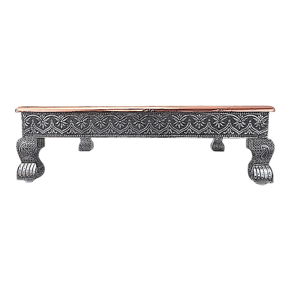 Quality Indian Goods 21 inch square puja pedestal with ornate silver-tone metalwork and copper top.