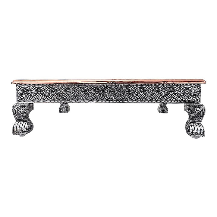 Quality Indian Goods 21 inch square puja pedestal with ornate silver-tone metalwork and copper top.