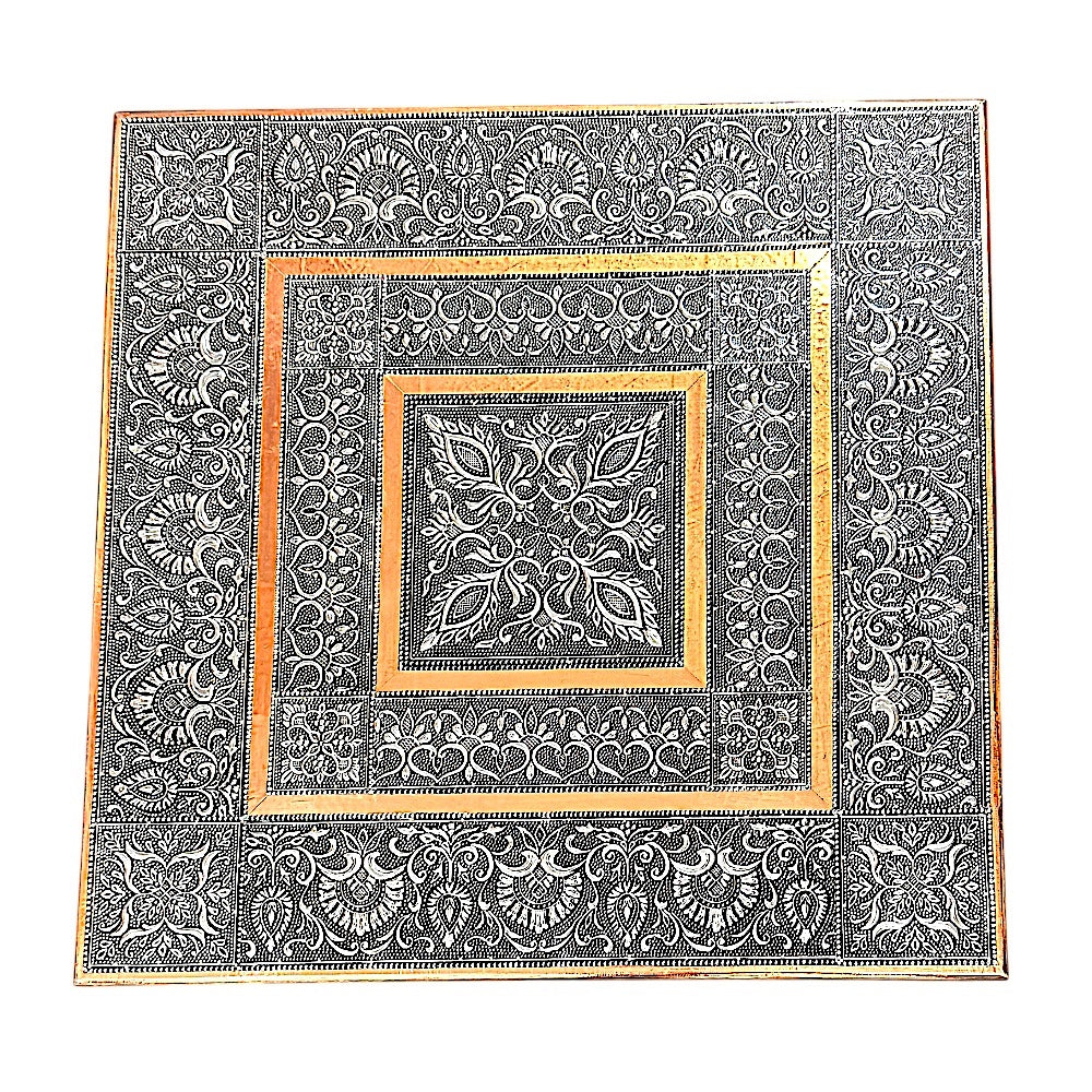Quality Indian Goods 21 inch square puja pedestal with intricate floral and paisley metalwork in silver and copper tones.