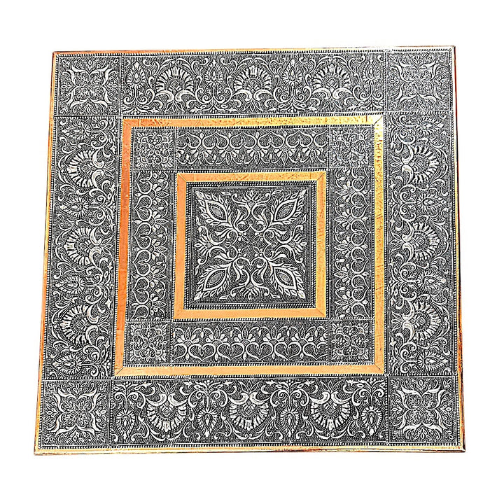Quality Indian Goods 21 inch square puja pedestal with intricate floral and paisley metalwork in silver and copper tones.