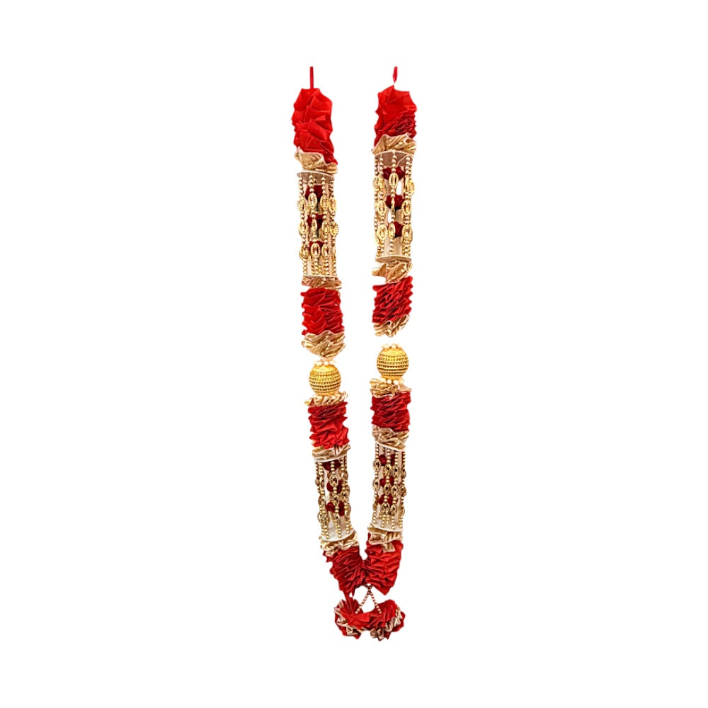 Quality Indian Goods 24 inch red and gold puja garland with decorative beads and fabric accents.