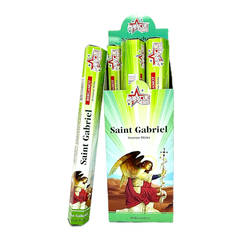 Quality Indian Goods Miracle 365 Saint Gabriel bergamot incense sticks in a display box with 6 tubes of 20 sticks.