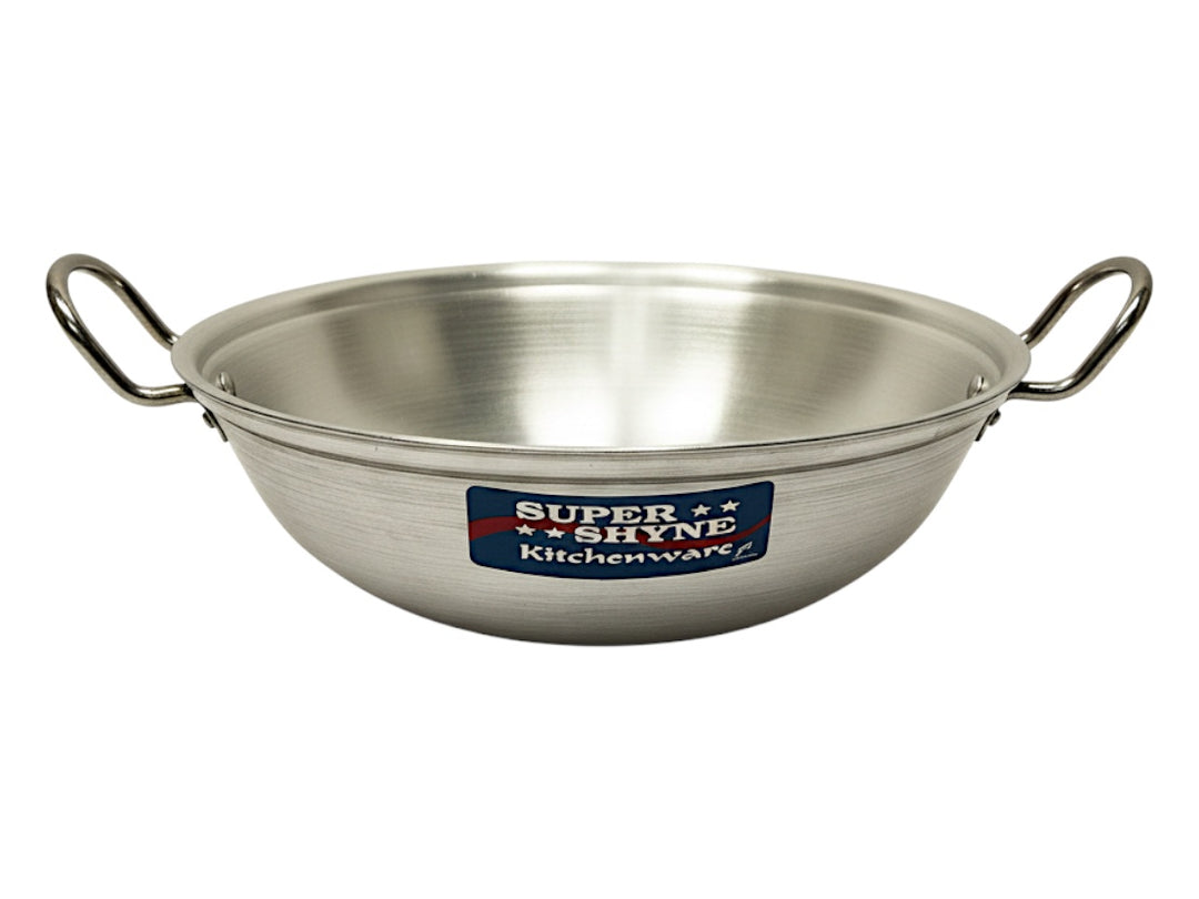 Quality Indian Goods 16.5 inch aluminum kadai wok with lid and two handles, ideal for stir-frying and deep-frying.