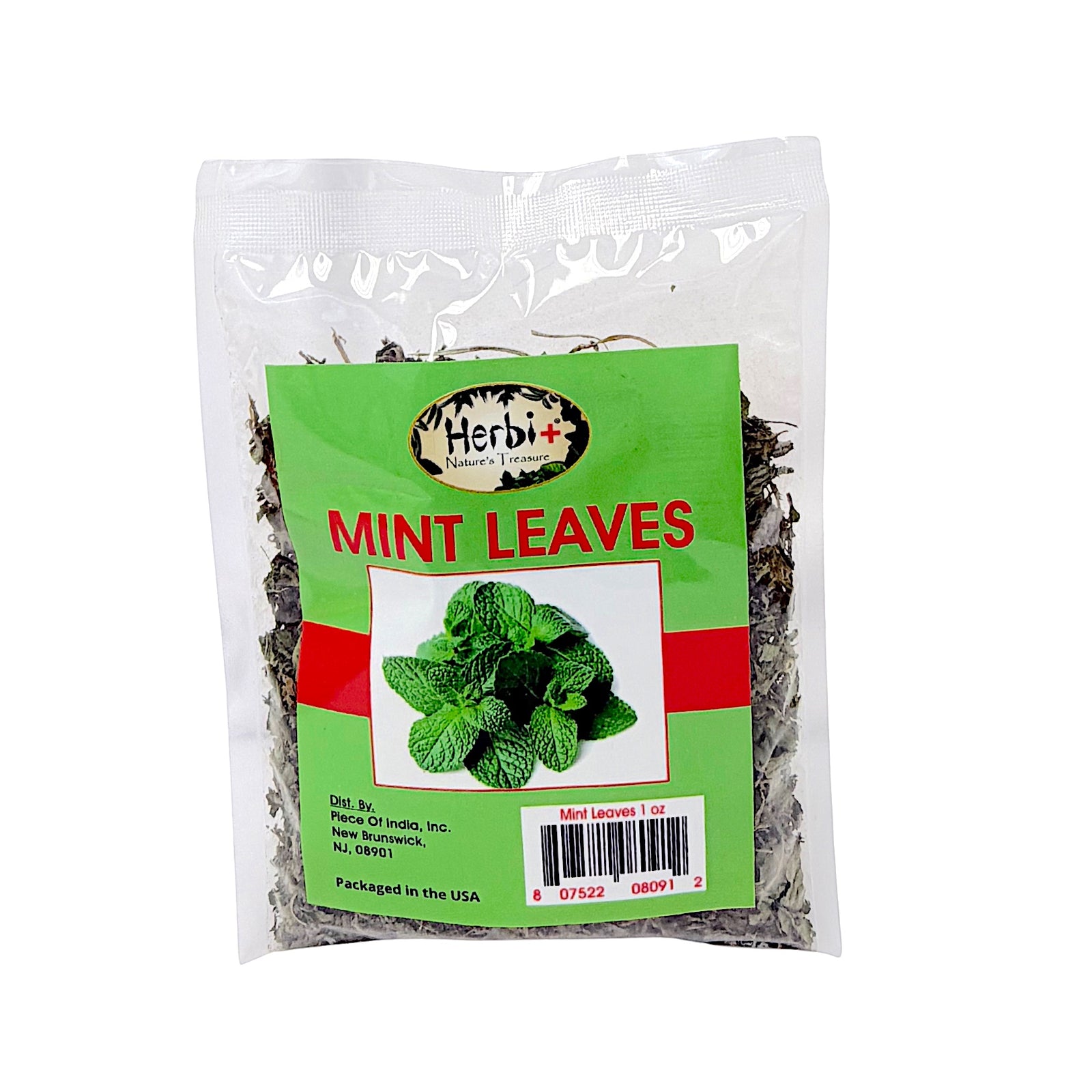 Quality Indian Goods Herbi Plus Mint Leaves 1 oz dried herb in a clear plastic bag with a green label.