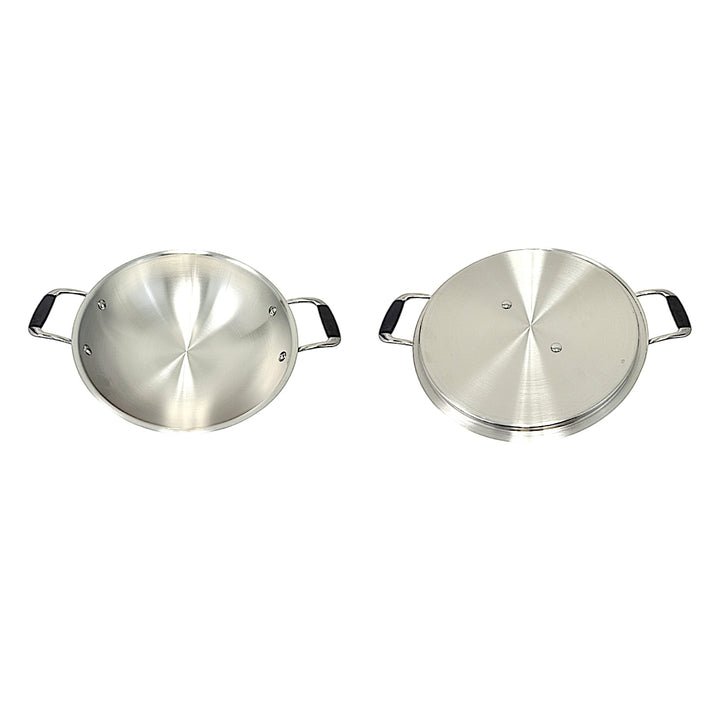 Quality Indian Goods Super Shyne 4 Qt 3-ply stainless steel wok with lid, featuring sturdy side handles with black grip accents.