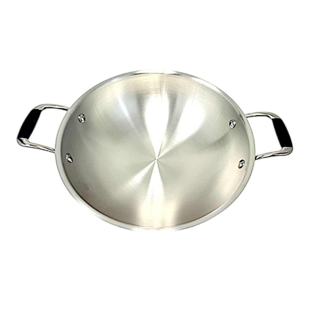 Quality Indian Goods Super Shyne 4 Qt 3-ply stainless steel wok with lid, featuring sturdy side handles with black grip accents.