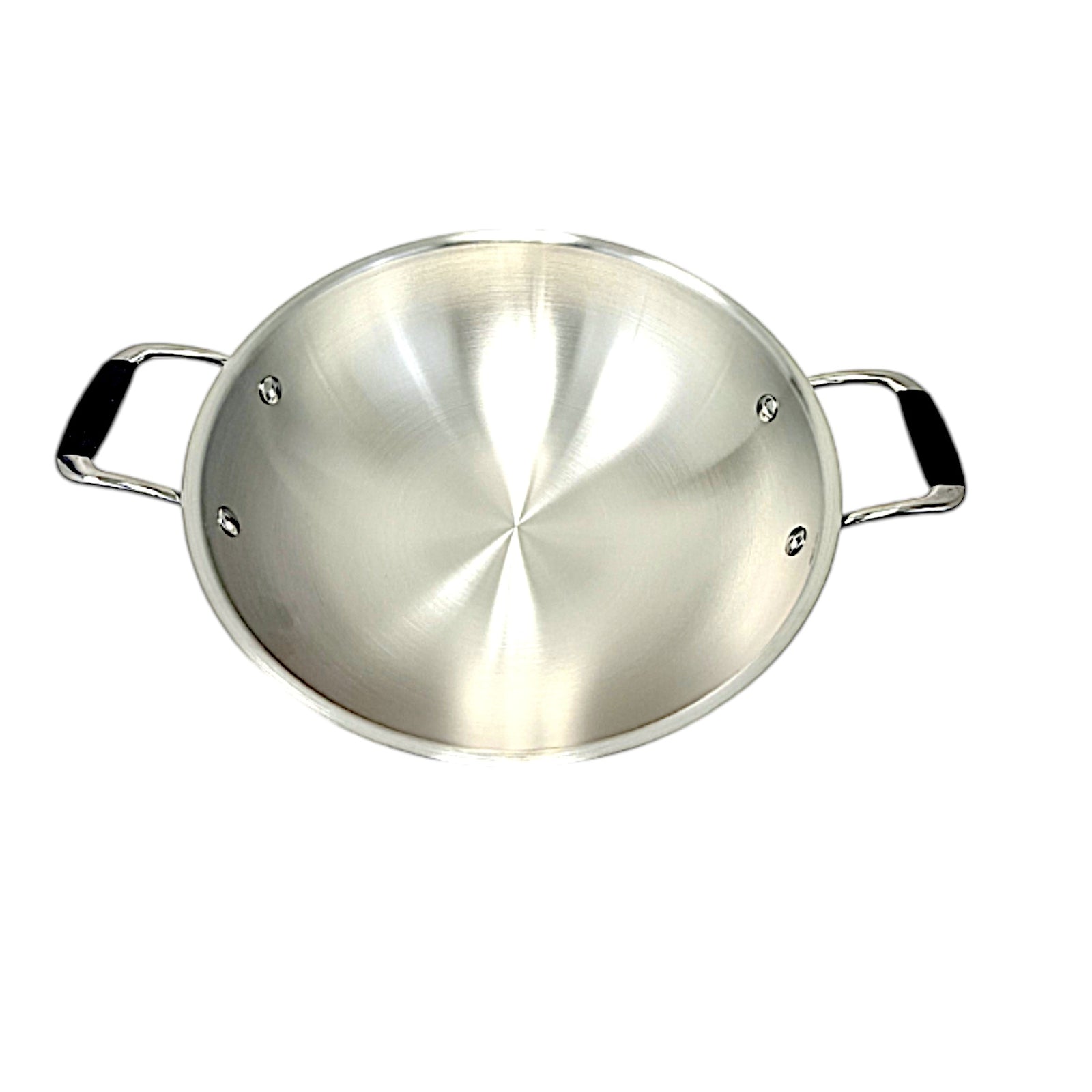 Quality Indian Goods Super Shyne 4 Qt 3-ply stainless steel wok with lid, featuring sturdy side handles with black grip accents.