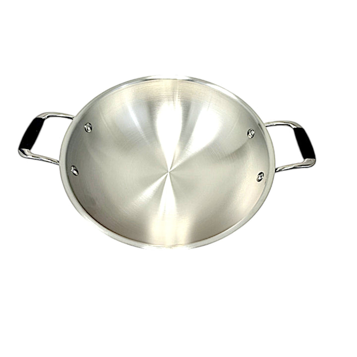 Quality Indian Goods Super Shyne 4 Qt 3-ply stainless steel wok with lid, featuring sturdy side handles with black grip accents.